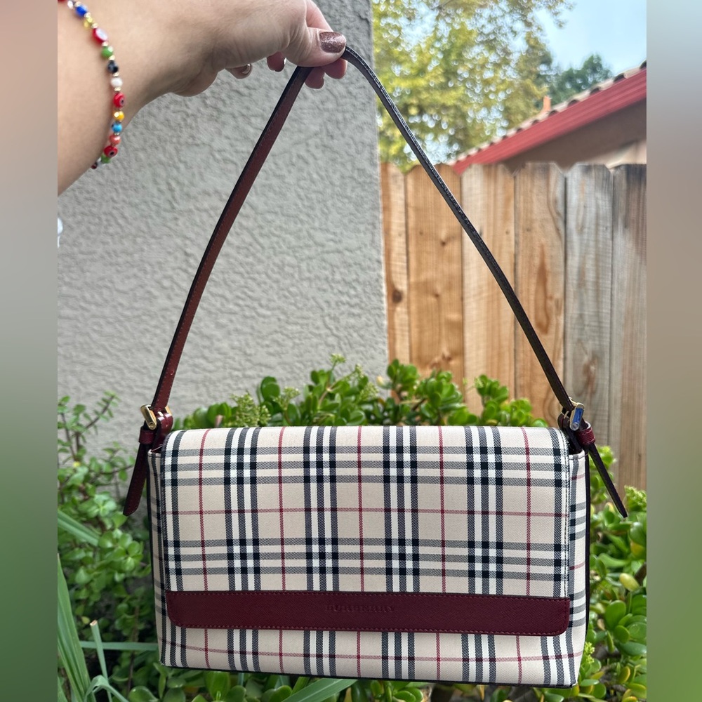 BURBERRY VINTAGE Nova Check canvas shoulder bag with burgundy leather trim